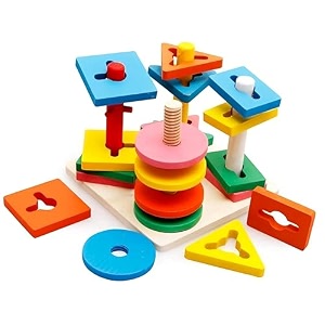 verat wooden clock teaching time number blocks shape color stacking sorting montessori early learning educational toy  gift for 3 year old toddler baby kids wooden sorting toy 5 shape