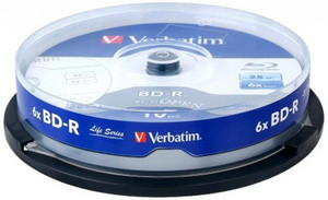 verbatim blu-ray recordable bdr 64293 pack of 10 disc cake box spindle speed 6x 25 gb