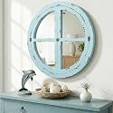 Vercraft 24 Inch Coastal Window Pane Mirror with Distressed Blue Wood Frame, Vintage Sea Green Round Mirror, Nautical Themed Wall Decor for Living Room, Entryway, Dining Room, Farmhouse Bathroom Decor