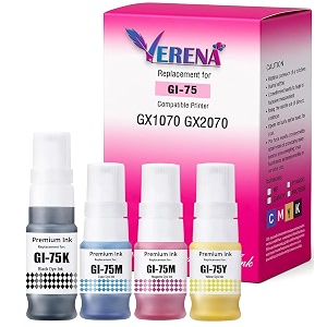 verena gi-75 refill ink compatible for canon maxify gx1070 gx2070 printers - black and color ink bottles