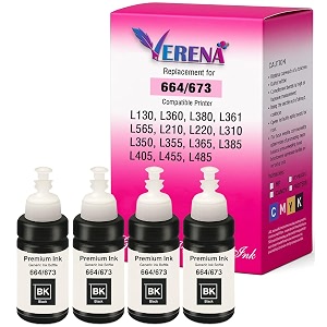verena t673 refill ink compatible for use in epson l801 l805 l1800 l800 l810 l850 l1300 l605 ink tank printers - 70 ml each bottle black pack of 4