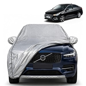 verna 100 waterproof car cover  dustproof sun protection cover  soft cotton lining  triple stitched  mirror pocket  antenna pocket  all weather body cover silver with yellow piping