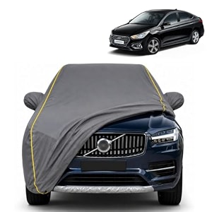 verna 100 waterproof car cover  dustproof sun protection cover  soft cotton lining  triple stitched  mirror pocket  antenna pocket  all weather body cover grey with yellow piping