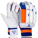 VERSANT Goat Cricket Batting Gloves (White-Orange-Blue, Men Size, Right Handed), Leather, Medium EN SIZE