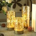 VERVENIX LED Glass Flameless Candles with Fairy String Lights, Battery Operated Pillar Lights with Real Wax Flame Effect for Festive Diwali, Wedding &amp; Home Party Decor (Set of 3, Warm White)