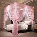 VETHIN 4 Corners Post Ruffle Princess Bed Canopy Curtain-Double Layer Cozy Drape Netting 4 Opening Mosquito Net for Girls Adults Bedroom Decoration (Pink/Whtie,78" W*86" L*82"*H/King)