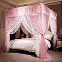 VETHIN 4 Corners Post Ruffle Princess Bed Canopy Curtain-Double Layer Cozy Drape Netting 4 Opening Mosquito Net for Girls Adults Bedroom Decoration (Pink/Whtie, 53" W*78" L*82"*H/(Full))