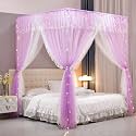 VETHIN 4 Corners Post Ruffle Princess Bed Canopy Curtain-Double Layer Cozy Drape Netting 4 Opening Mosquito Net for Girls Adults Bedroom Decoration (Double-Purple, 47" W*78" L*82" H/Twin)