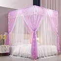 VETHIN 4 Corners Post Ruffle Princess Bed Canopy Curtain-Double Layer Cozy Drape Netting 4 Opening Mosquito Net for Girls Adults Bedroom Decoration (Double-Purple, 59" W*82" L*82"*H/(Queen))