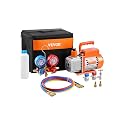 VEVOR 3.5 CFM AC Vacuum Pump and Gauge Set, Single Stage Rotary Vane HVAC Air Vacuum Pump, A/C Refrigerant Manifold Gauge Kit, with Hoses, for R134a, R12, R22, R502a, R410A, R404, R407C Refrigerants