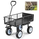 VEVOR 500 LBS Steel Garden Cart with Work Seat, Heavy Duty Garden Wagon Cart on Wheels, Outdoor Metal Utility Yard Wagon Gardening Stool with 10inch Flat Free Tires, Tool Tray &amp; Adjustable Handle
