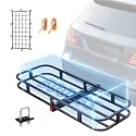 VEVOR 53 x 19 x 5 in Hitch Cargo Carrier, 500lb Capacity Trailer Mount Basket, Steel Luggage Carrier Rack Fits 2'' Receiver for SUV Truck Pickup with Net, Stabilizer, Straps, Black