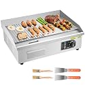 VEVOR Commercial Electric Griddle, 21.06 x 11.81 inch, 1750W, 122-570°F Adjustable Temp Control, Stainless Steel Body, Half Grooved Half Flat, with 2 Spatulas, 2 Brushes, and 4 Foot Pads, for Steak