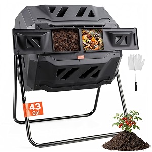 vevor compost bin 43-gal dual chamber composting tumbler large tumbling rotating composter with 2 sliding doors and steel frame bpa free composter bin tumbler for garden kitchen yard outdoor