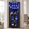 VEVOR Corner Wine Cabinet, Bar Cabinet with Ample Storage, Modern Buffet Sideboard with Glass Holder, Adjustable LED Brightness, Anti-Tip Strap, for Home Kitchen, Living Room, Dining Room, Black Wood
