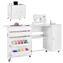 VEVOR Folding Sewing Table, Multipurpose Sewing Machine Table with Cabinet, Compact Design, Wheels, Wooden Pegs, Storage Trays and Shelf, Magnetic Door, Craft Station and Side Desk for Home, White