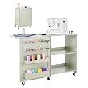 VEVOR Folding Sewing Table, Multipurpose Sewing Machine Table with Compact Design, Wheels, Wooden Pegs, Storage Trays and Shelf, Magnetic Door Lock, Craft Station and Side Desk for Home, Light Green