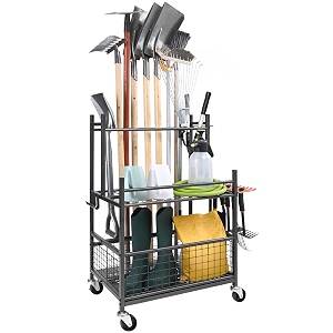 vevor garden tool organizer 16 slots with hooks yard tool tower rack with wheels for garage organization and storage hold long-handled toolrakebroom metal tool stand holder for shed outdoor