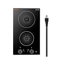 VEVOR 12 Inch Induction Cooktop 2 Burners,Built-in Electric Stove Top,Knob Control,Ceramic Glass Surface,Low-Power Continuous Heating,11 Power Levels,Child Lock,1800W,110V No Plug