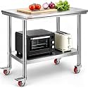Vevor Mophorn Stainless Steel Work Table 36x24 Inch with 4 Wheels, Casters Heavy Duty Food Prep Worktable for Commercial Kitchen Restaurant, Silver