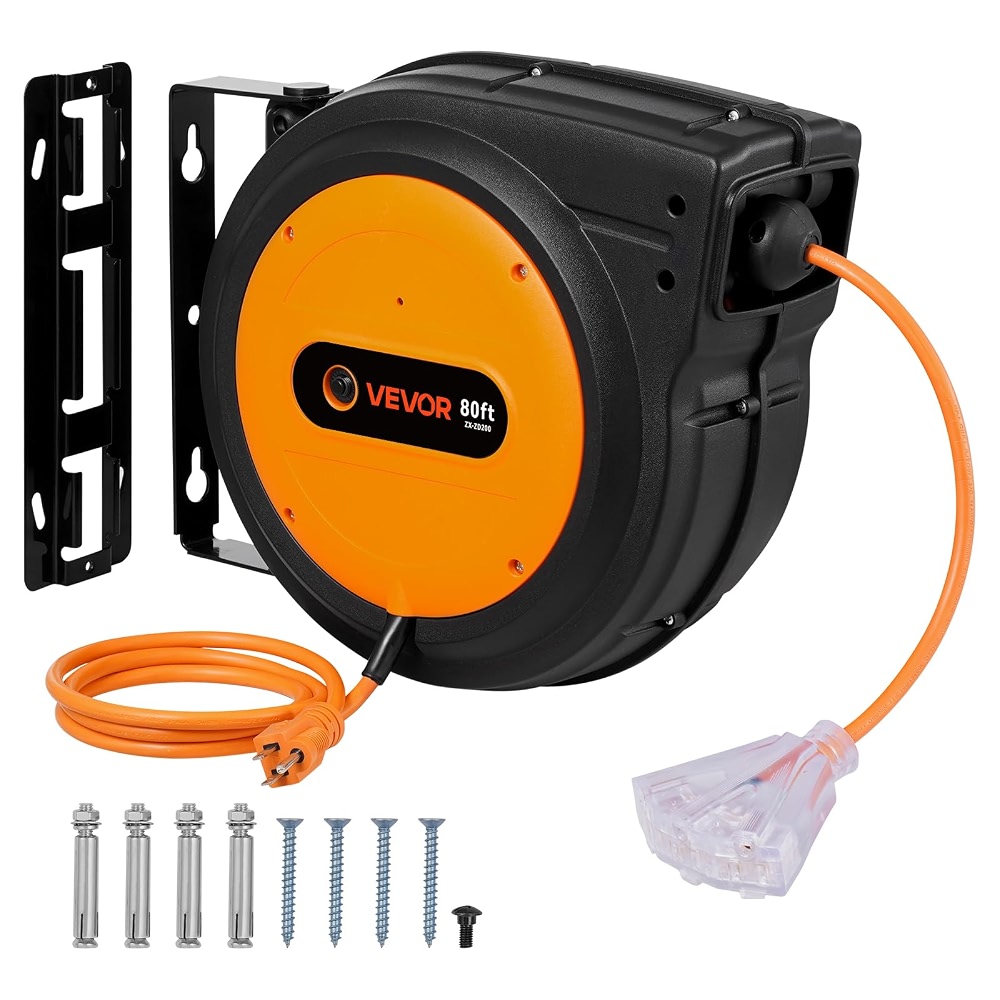 VEVOR Retractable Extension Cord Reel, 80 FT, Heavy Duty 12AWG /3C ...