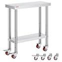 VEVOR Stainless Steel Work Table 30 x 12 x 34 Inch, 700 LBS Load Capacity with 4 Wheels, 3 Adjustable Height Levels, Heavy Duty Food Prep Worktable for Commercial Kitchen Restaurant, Silver