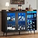 VEVOR Wine Cabinet, Coffee Bar Cabinet with 9 Wine Bottle Racks, Modern Buffet Sideboard with Glass Holder, Adjustable LED Brightness, for Home Kitchen, Living Room, Dining Room, Black Wood Grain