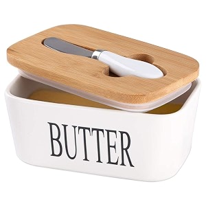 vexio ceramic butter dish with wooden lid large butter container keeper storage plate with steal butter knife bamboo cover and silicone sealing ring for west east coast butter