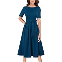 VFSHOW Womens Work Business Casual Church Pockets Belted A-Line Midi Dress