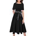 VFSHOW Womens Work Business Casual Church Pockets Belted A-Line Midi Dress