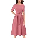 VFSHOW Womens Work Business Casual Church Pockets Belted A-Line Midi Dress