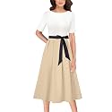 VFSHOW Womens Work Business Casual Church Pockets Belted A-Line Midi Dress