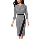 VFSHOW Womens Pleated Crew Neck Front Slit Work Business Office Bodycon Sheath Pencil Dress