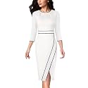 VFSHOW Womens Pleated Crew Neck Front Slit Work Business Office Bodycon Sheath Pencil Dress
