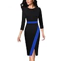 VFSHOW Womens Pleated Crew Neck Front Slit Work Business Office Bodycon Sheath Pencil Dress