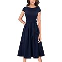 VFSHOW Womens Work Business Casual Church Pockets Belted A-Line Midi Dress