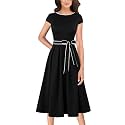 VFSHOW Womens Work Business Casual Church Pockets Belted A-Line Midi Dress
