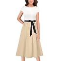 VFSHOW Womens Work Business Casual Church Pockets Belted A-Line Midi Dress