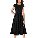 VFSHOW Womens Work Business Casual Church Pockets Belted A-Line Midi Dress