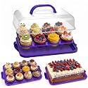 VGOODALL Cupcake Carrier, Rectangle Cake Plate with Lid, 12 Capacity Cup Cake Portable Container Dessert Holder with Handle for Family Picnics and Party Events, 2-in-1 Design, Purple