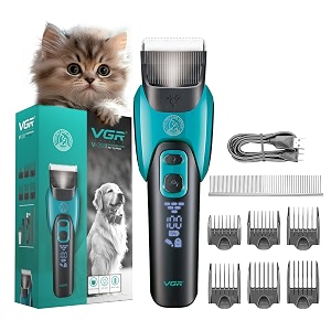 vgr v-208 professional pet clipper for dogs cats amp all animals 2000mah battery led display ceramic blades powerful motor 6 guide combs 180mins runtime travel lock blue