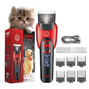 vgr v-208 professional pet clipper for dogs cats amp all animals 2000mah battery led display ceramic blades powerful motor 6 guide combs 180mins runtime travel lock 2 years warranty red