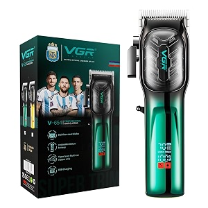 vgr v-654 professional salon quality hair clipper for men  200 minutes runtime 2000mah lithium battery 7000 rpm dc motor taper lever adjustment led display cordcordless uses 2 years warranty - green