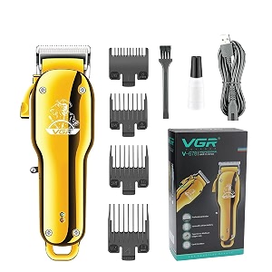 vgr v-678 professional rechargeable cordless hair clipper with self sharpening blades usb charging cable 4 guide combs taper lever adjustments for close cut trimming for men runtime 180 mins gold