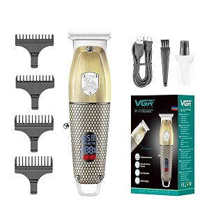 vgr v-976 professional rechargeable cordless 6500 rpm 150 mins runtime haircut hair clipper beard trimmer digital display amp hanging loop stainless steel blade usb charging cable 4 guide combs gold