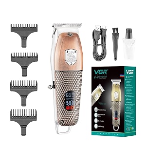vgr v-976 professional rechargeable cordless 6500 rpm 150 mins runtime haircut hair clipper beard trimmer digital display amp hanging loop stainless steel blade usb charging cable 4 guide combs copper