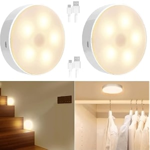 motion sensor light for home with usb charging wireless self adhesive led body induction lamp sensor light for wardrobe lights sensor night light for cupboard stair round - warm white 2