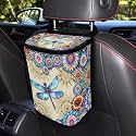Vibrant Boho Mandala Dragonfly Print Car Trash Can with Lid and Zipper Portable Foldable Garbage Can Hanging for Headrest Leakproof Organizer and Storage Bag Car Accessories