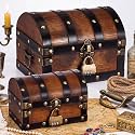 Vicenpal 2 Pack Handmade Pirate Treasure Chest Box with Lock & Lid