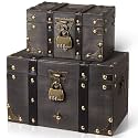 Vicenpal 2 Wooden Treasure Chest with Combination Lock, Vintage, Grey